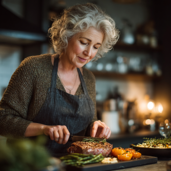 Grup de persoane în vârstă bucurându-se de o masă comună sănătoasă
